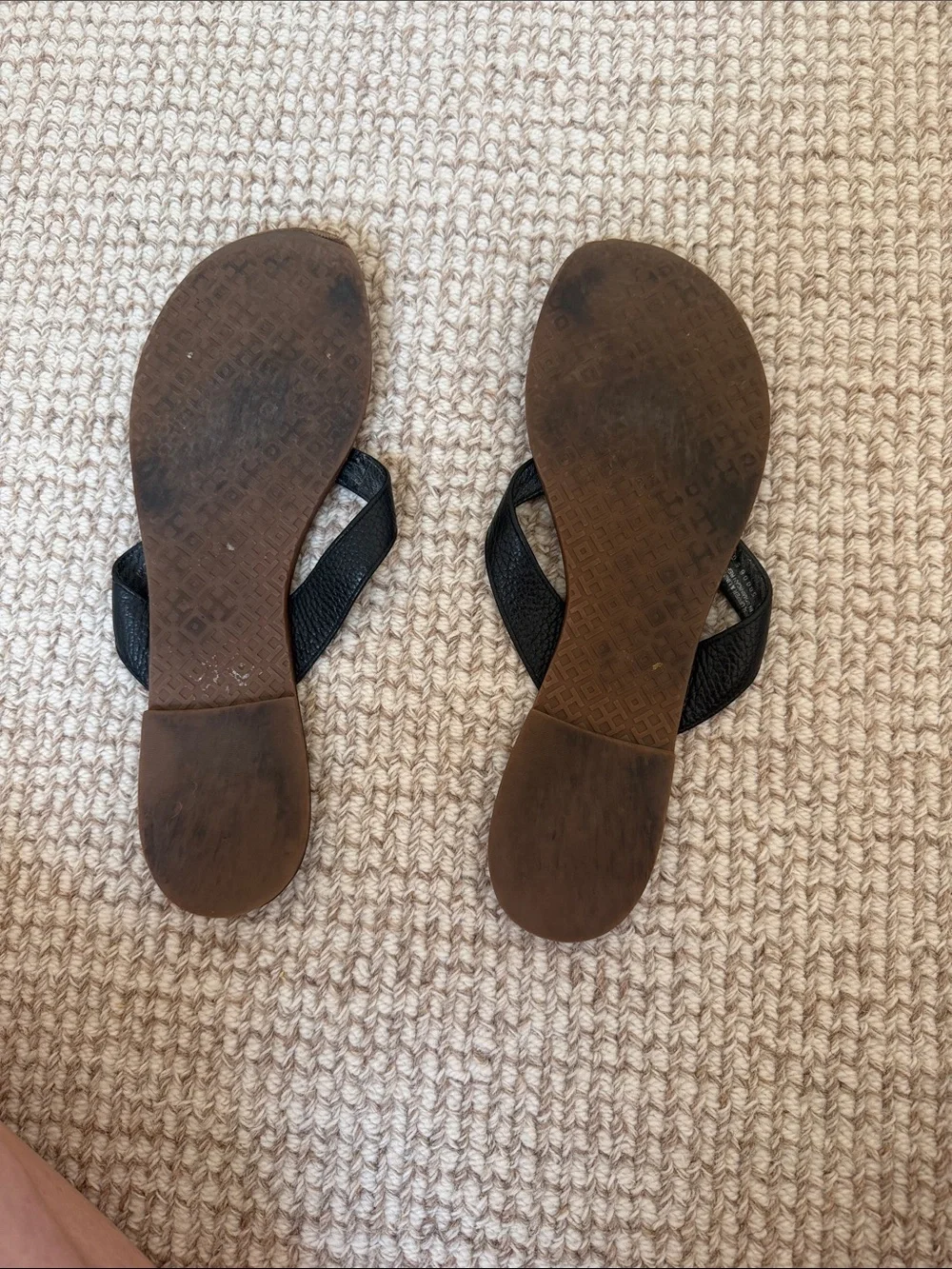 Tory Burch Black Strap Brown Footbed Logo Flip Flops